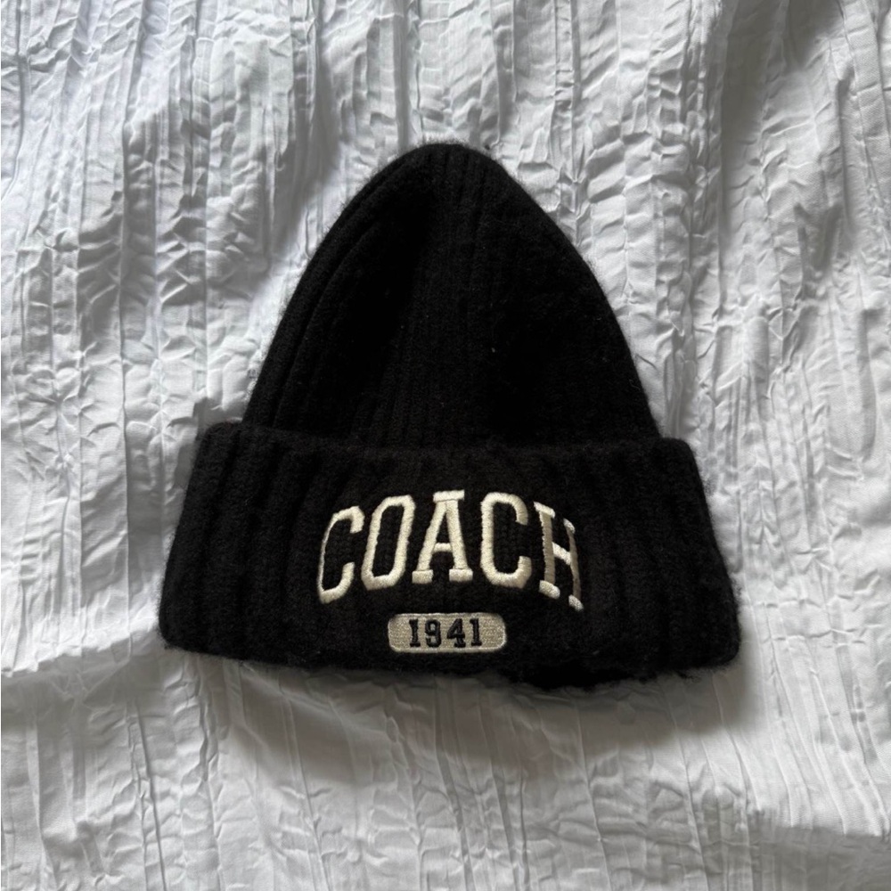 Coach Black Beanie with Cream Logo